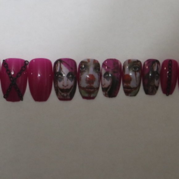 Bright pink Clown with black chain- press on nail - Picture 3 of 6